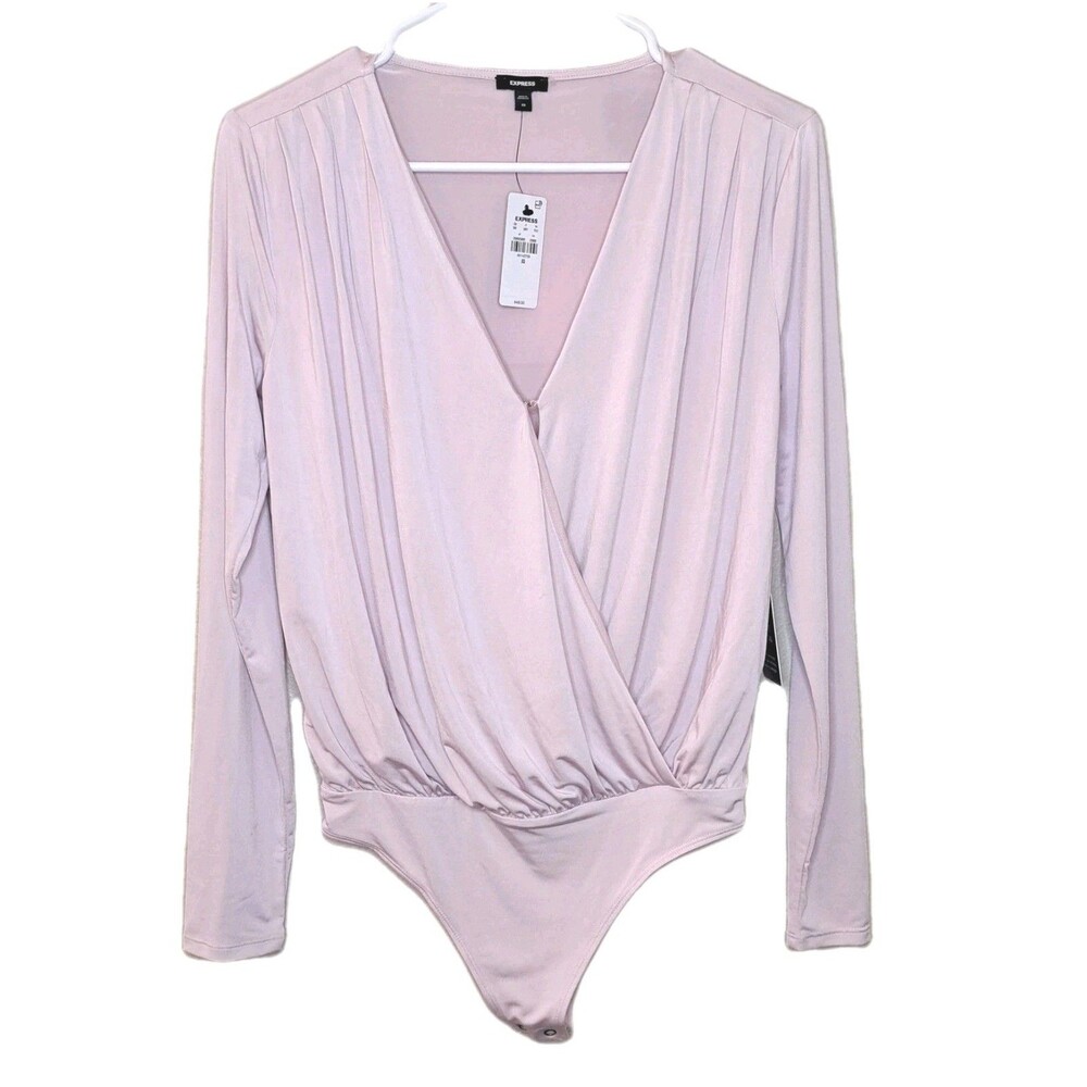 NEW Express Women Pink Bodysuit Long Sleeve Faux Wrap Size XS